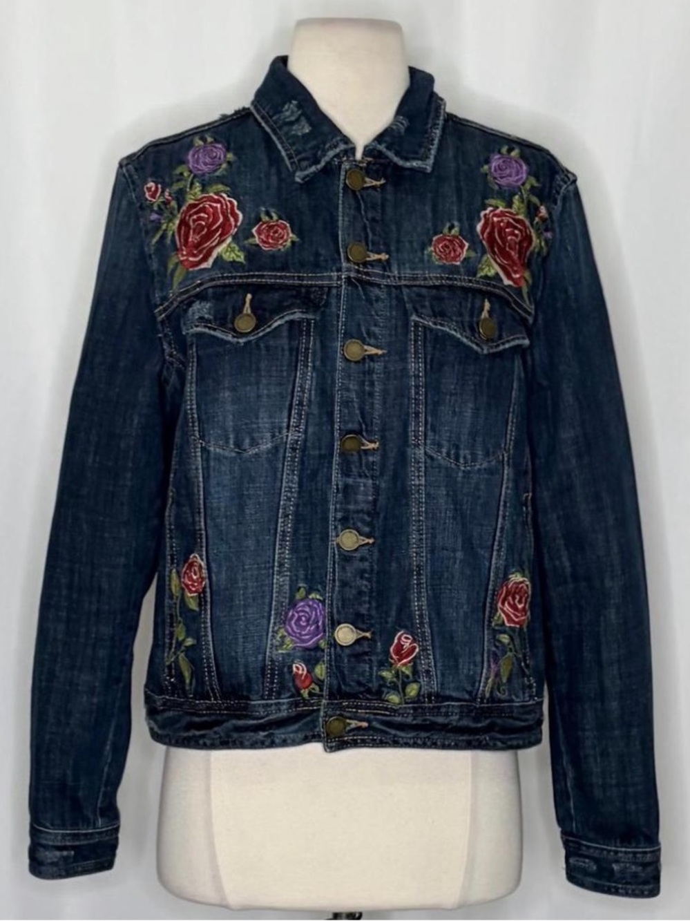 Blank NYC Floral Embroidered Dark Vintage Wash Button Front Denim Jacket• Small